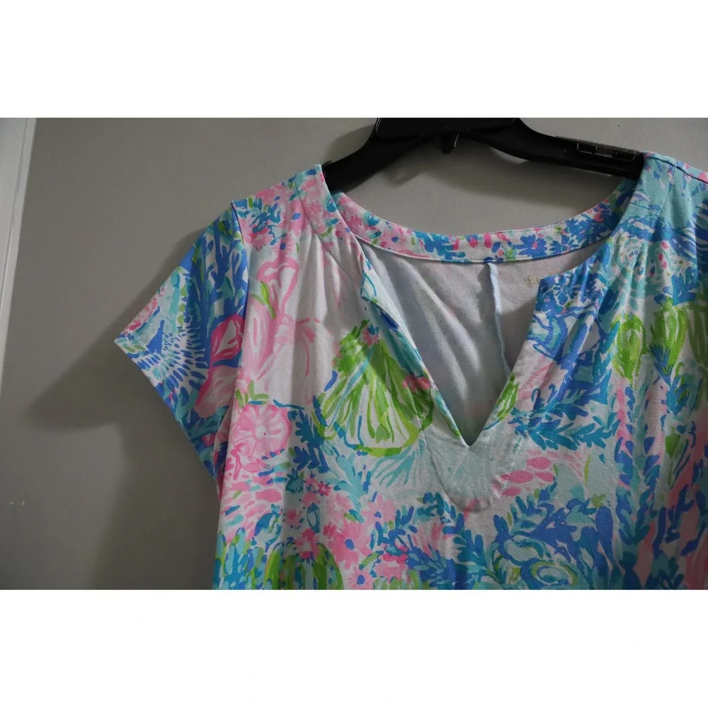 Lilly Pulitzer Kaftan Dress Coral Reef Print Blue Pink‎ Green V Neck Size M